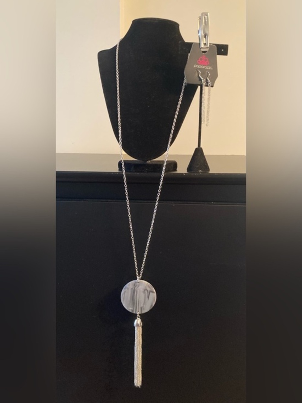paparazzi Silver-Tone Necklace with Gray Marble Disc and Tassel